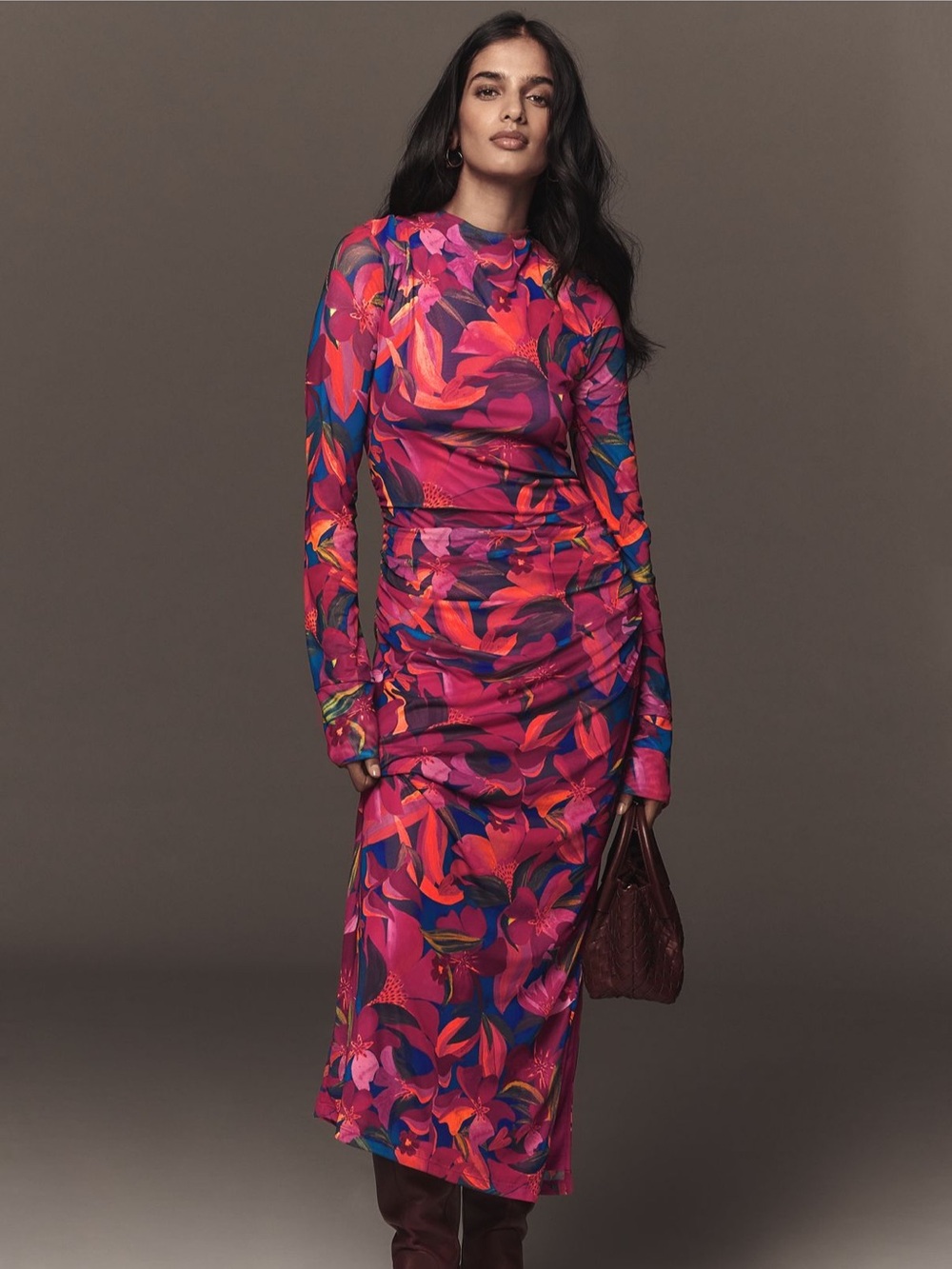 Farm Rio Long-Sleeve Mock-Neck Mesh Slim Midi Dress